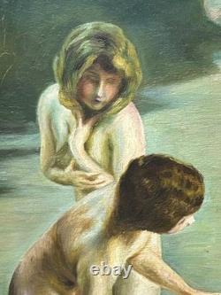 Nude Women Scene Bathing, Hand Made Antique Oil Painting 1950 Signed, Framed