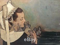 Old Original Vintage Oil Painting Breton Peinture Ancienne La Topeze, Mucha
