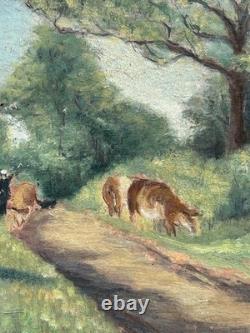 Original Antique Oil Painting, Landscape Scene with Cows, Impressionism, Signed