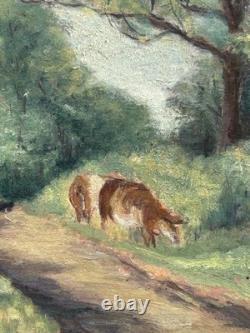 Original Antique Oil Painting, Landscape Scene with Cows, Impressionism, Signed