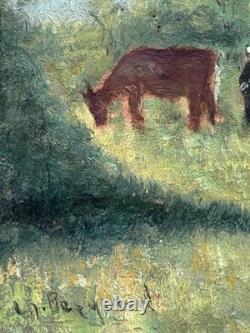 Original Antique Oil Painting, Landscape Scene with Cows, Impressionism, Signed