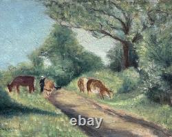 Original Antique Oil Painting, Landscape Scene with Cows, Impressionism, Signed