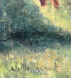 Original Antique Oil Painting, Landscape Scene with Cows, Impressionism, Signed