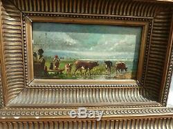 PAIRE DE PETITS TABLEAUX ANCIENS-hsp bergere moutons vaches fin du 19é