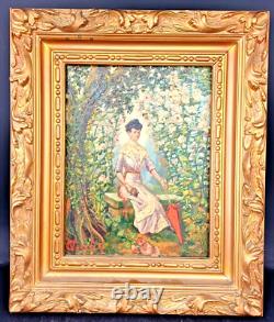PEINTURE 50x43cm FEMME À L'OMBRELLE À L'OMBRE DES ARBRES HUILE SUR BOIS 1900 hst