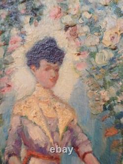 PEINTURE 50x43cm FEMME À L'OMBRELLE À L'OMBRE DES ARBRES HUILE SUR BOIS 1900 hst