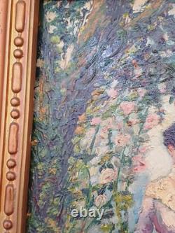 PEINTURE 50x43cm FEMME À L'OMBRELLE À L'OMBRE DES ARBRES HUILE SUR BOIS 1900 hst