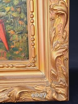 PEINTURE 50x43cm FEMME À L'OMBRELLE À L'OMBRE DES ARBRES HUILE SUR BOIS 1900 hst