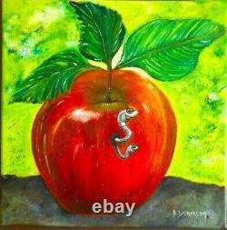 POMME d' Humour sur toile Châssis Bois Peinture Huile 30 x 30