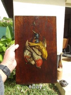Paire de Tableau Huile Sur Panneau Bois Nature Morte oiseaux chasse signé Victor