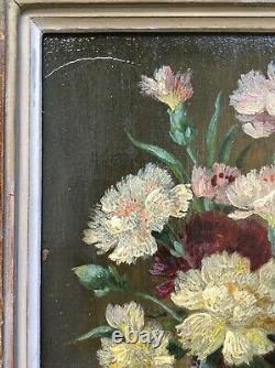 Paire de tableaux anciens, Bouquets de fleurs, Huiles sur panneaux, Début XXe
