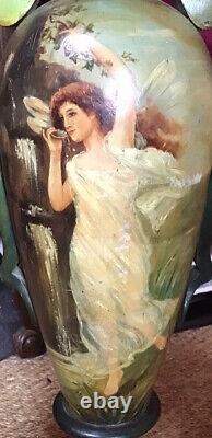 Paire vases postiches bois peint art nouveau decors nymphes huiles sur bois SPL