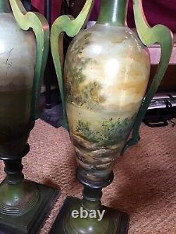 Paire vases postiches bois peint art nouveau decors nymphes huiles sur bois SPL