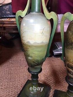 Paire vases postiches bois peint art nouveau decors nymphes huiles sur bois SPL