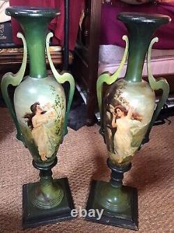 Paire vases postiches bois peint art nouveau decors nymphes huiles sur bois SPL