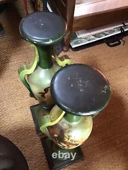 Paire vases postiches bois peint art nouveau decors nymphes huiles sur bois SPL
