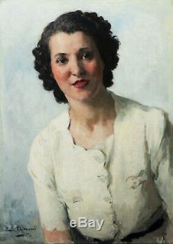 Paul CHARAVEL tableau huile portrait jeune femme brune chemisier blanc années 40