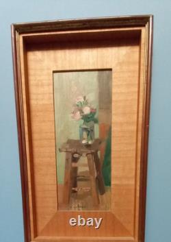 Paul Collomb (1921-2010), Bouquet de fleur sur une sellette, huile sur bois