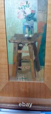 Paul Collomb (1921-2010), Bouquet de fleur sur une sellette, huile sur bois