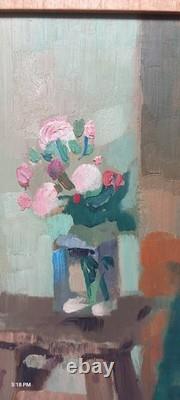 Paul Collomb (1921-2010), Bouquet de fleur sur une sellette, huile sur bois