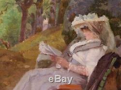 Paul SIEFFERT tableau huile dame femme lisant parc lecture livre paysage XIXème