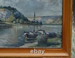 Paysage Avec Lac Et Bateaux Huile Sur Panneau De Bois Signé, Avec Cadre