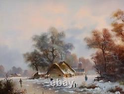 Paysage Hivernal Avec Figurines Et Patinoire Huile sur Bois Signé Cadre