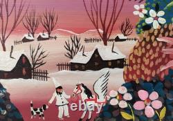 Paysage hivernal féerique Art naïf italien Peinture originale à l'huile signée