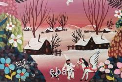 Paysage hivernal féerique Art naïf italien Peinture originale à l'huile signée