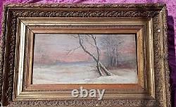 Paysage sous la neige. Huile sur bois. 19e Bon état