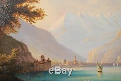 Pêcheurs et barques sur le Léman près du château de Chillon. Peinture XIXe s