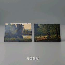 Peinture Ancienne Huile Sur Bois Paysage Arbres, Pêche Tableau Miniature Signé