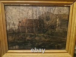 Peinture Ancienne, Huile Sur Panneau, Maisons Derrière Les Arbres, XIX Ème S