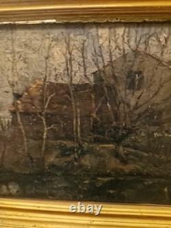 Peinture Ancienne, Huile Sur Panneau, Maisons Derrière Les Arbres, XIX Ème S