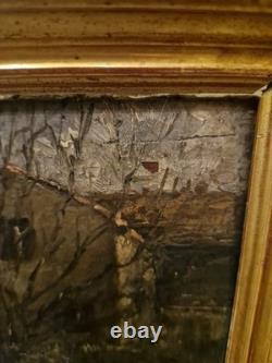 Peinture Ancienne, Huile Sur Panneau, Maisons Derrière Les Arbres, XIX Ème S