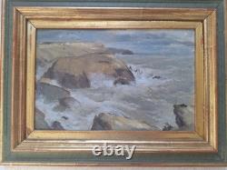 Peinture Ancienne Huile Sur bois Paysage Vue Mer. Tableau Miniature Encadré