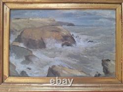 Peinture Ancienne Huile Sur bois Paysage Vue Mer. Tableau Miniature Encadré