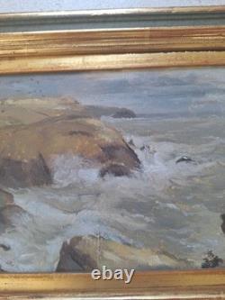 Peinture Ancienne Huile Sur bois Paysage Vue Mer. Tableau Miniature Encadré