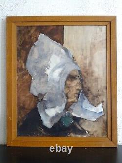 Peinture Expressionniste-vers 1960-puissant Portrait De Femme Bretonne-anonyme