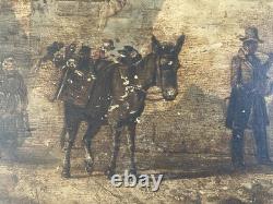 Peinture Huile Bois 1894 Singe Sur Un ne À Identifier Ancien Impressionnisme