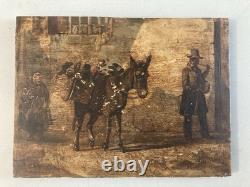 Peinture Huile Bois 1894 Singe Sur Un ne À Identifier Ancien Impressionnisme