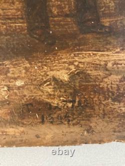 Peinture Huile Bois 1894 Singe Sur Un ne À Identifier Ancien Impressionnisme