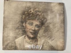 Peinture Huile Et Crayon panneau bois femme 1920 Ancien À Identifier Grattage