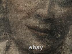 Peinture Huile Et Crayon panneau bois femme 1920 Ancien À Identifier Grattage