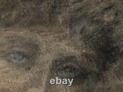 Peinture Huile Et Crayon panneau bois femme 1920 Ancien À Identifier Grattage