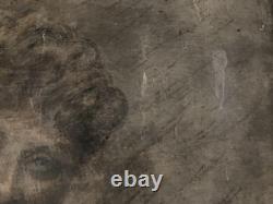 Peinture Huile Et Crayon panneau bois femme 1920 Ancien À Identifier Grattage