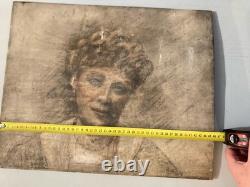 Peinture Huile Et Crayon panneau bois femme 1920 Ancien À Identifier Grattage