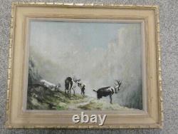Peinture Huile Signée Paysage De Montagne Troupeau De Chevres