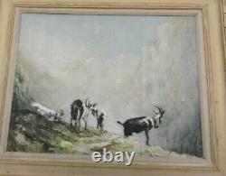 Peinture Huile Signée Paysage De Montagne Troupeau De Chevres