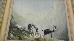 Peinture Huile Signée Paysage De Montagne Troupeau De Chevres